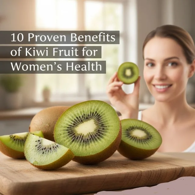 An ultra-realistic and vibrant feature image of sliced kiwi fruits with water droplets on a wooden surface, perfect for a women's health and wellness blog.