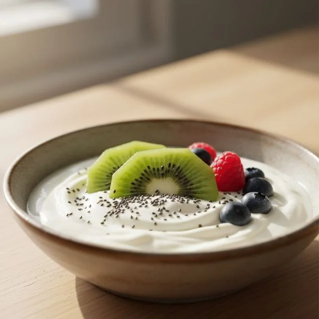 A healthy breakfast bowl containing fresh kiwi slices, yogurt, and chia seeds with aesthetic morning lighting, representing digestive health benefits.