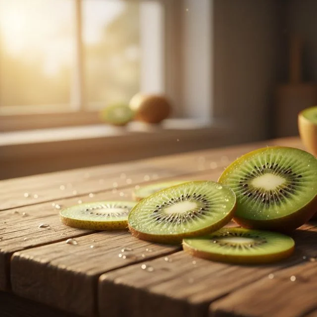 High-quality close-up of fresh sliced kiwi fruit on a rustic wooden table with sunlight reflecting on the juice, emphasizing Vitamin C for immunity.