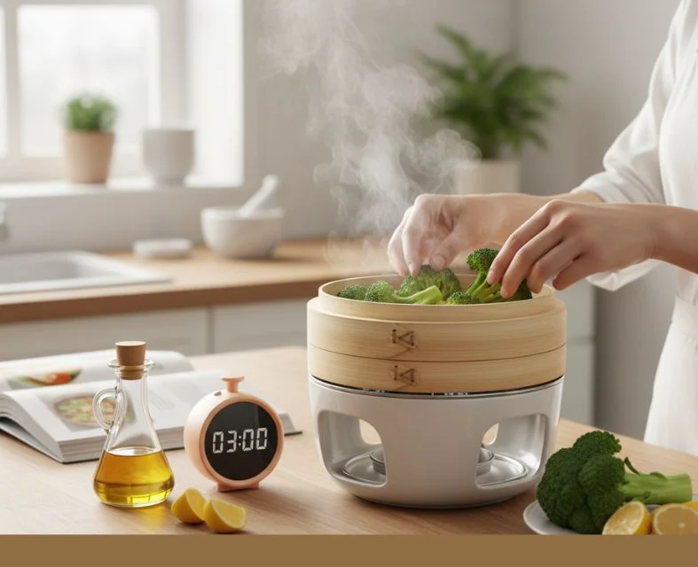 Hands placing broccoli into a bamboo steamer, with a timer and olive oil nearby, illustrating effective cooking methods to preserve Broccoli Nutrition Facts (100g).