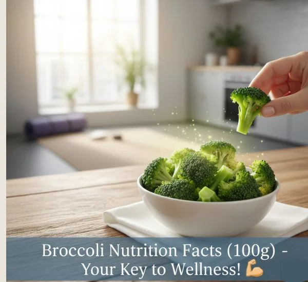 Fresh broccoli florets glowing with vitality in a modern kitchen setting, emphasizing the health and wellness benefits of Broccoli Nutrition Facts (100g).