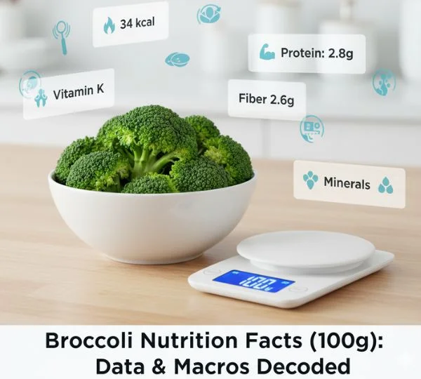 A bowl of raw broccoli on a kitchen scale with infographic overlays showing key Broccoli Nutrition Facts (100g) like 34 kcal, 2.8g protein, and 2.6g fiber.