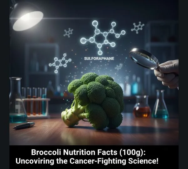 A broccoli head in a laboratory setting with molecular structures of Sulforaphane floating above it, representing the scientific basis of Broccoli Nutrition Facts (100g) and its superfood properties.