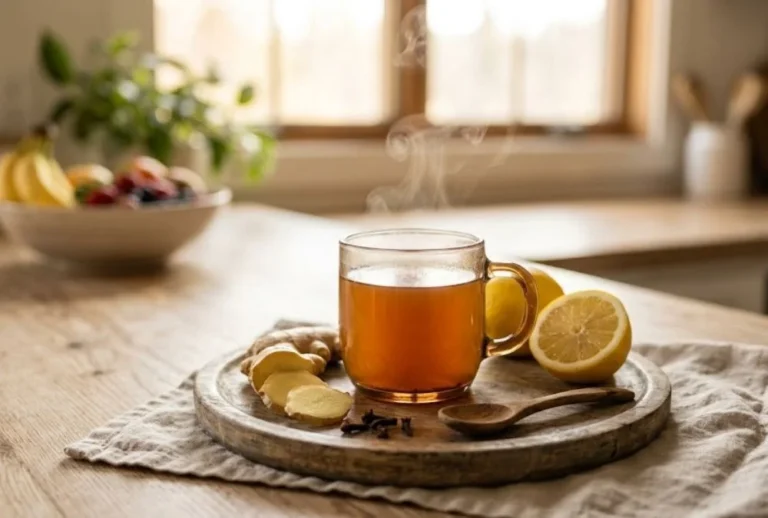 A warm glass of ginger and clove water for women on a wooden tray with fresh ginger slices, cloves, and lemon in a sunlit kitchen.