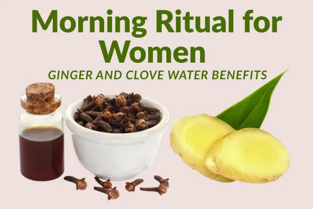 Fresh ginger and cloves with leaves in a bowl and cloves in a bottle for making ginger and clove water