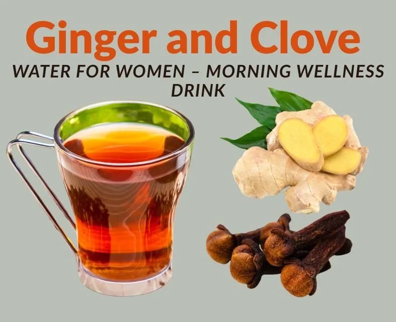 Glass of ginger and clove water with cloves and ginger pieces at the bottom