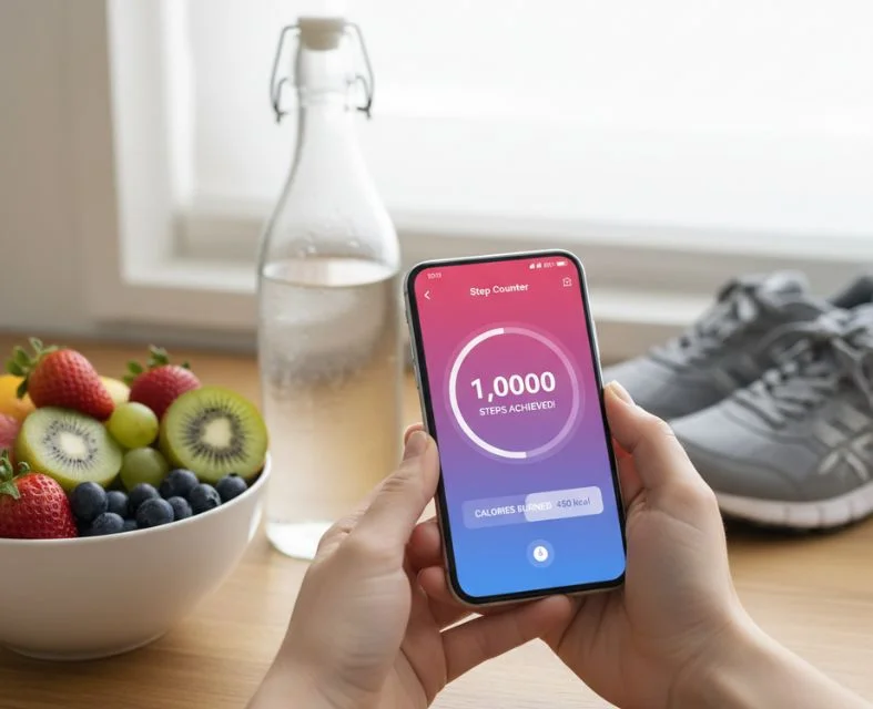 Hands holding a smartphone showing a 10,000 steps achieved app, with calories burned. Healthy fruit and water bottle are visible, promoting UK weight loss goals.