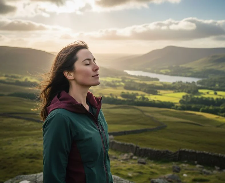 Woman breathing deeply, eyes closed, enjoying a scenic UK national park vista. Hills and a lake in background, symbolising mental well-being in nature.