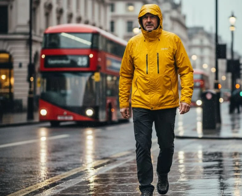 Person in bright yellow waterproof jacket walking on a rainy London street. Red double-decker bus blurred in background, showing UK weather walking.