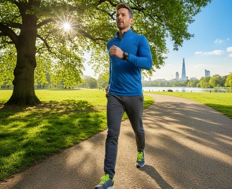 Man power walking 10,000 steps briskly in London's Hyde Park with a smartwatch. Features a sunny green setting and The Shard in the distant UK skyline.
