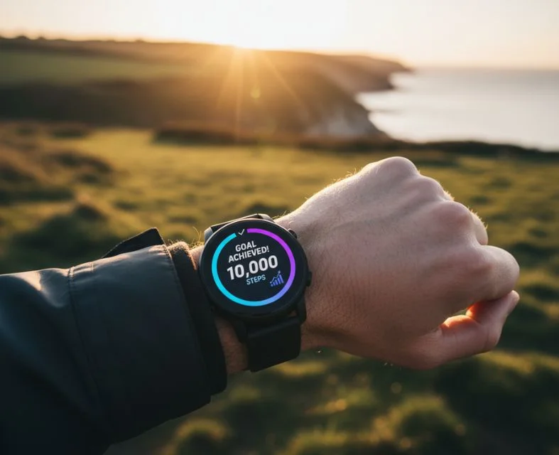 Wrist with a smartwatch showing "GOAL ACHIEVED! 10,000 Steps" notification. Scenic UK coastline with green cliffs in background, signifying walking success.