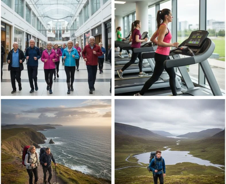 Collage showing diverse UK walking environments: indoor mall, gym treadmills, coastal path hiking, and Scottish Highlands exploration. Encourages walking anywhere.