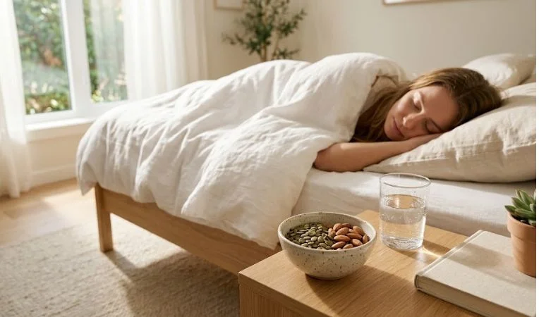 A young woman sleeping peacefully in a bright bedroom representing the benefits of magnesium-rich foods for better sleep and anxiety relief.