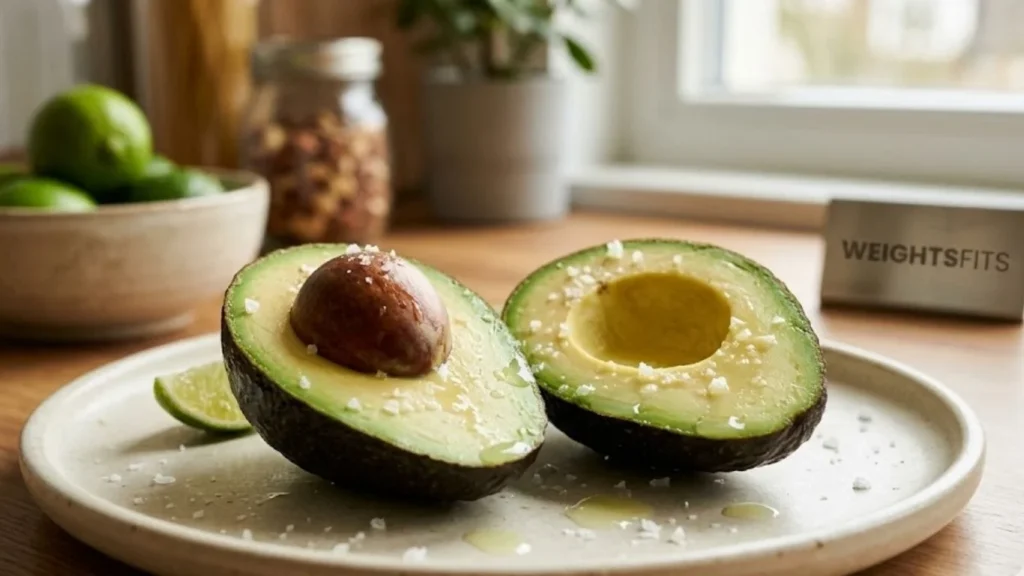 A close-up photograph of a ripe avocado sliced in half with the pit, seasoned with sea salt and lime juice on a white ceramic plate.