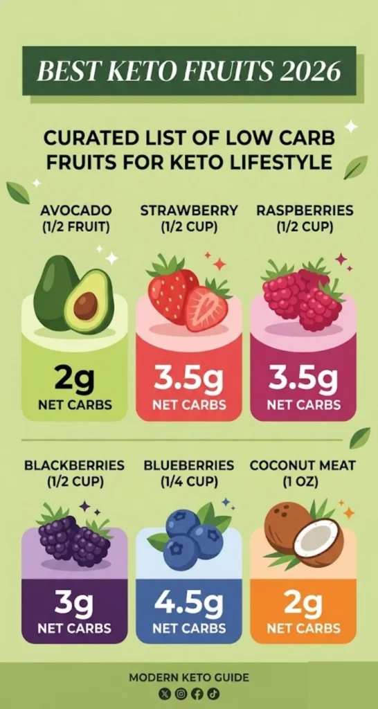 An infographic showing a curated list of low carb fruits for keto lifestyle with illustrations and net carb counts like Avocado 2g and Raspberries 3.5g.