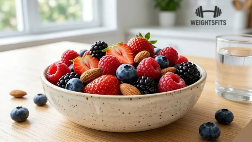 A ceramic bowl filled with a mix of fresh keto berries like raspberries, strawberries, blackberries, blueberries, and whole almonds on a wooden table.