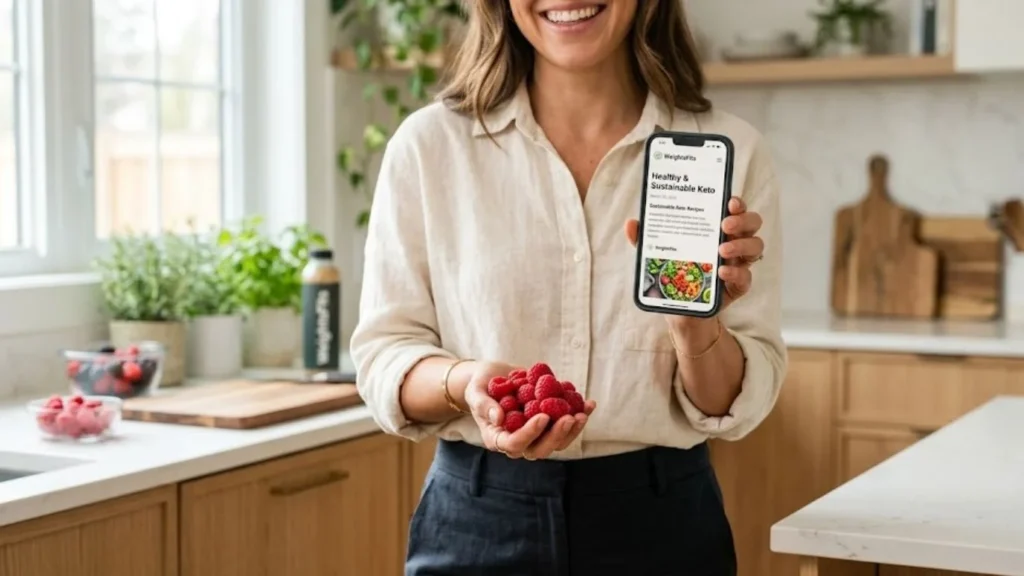 A happy person holding a handful of fresh raspberries in one hand and a smartphone displaying the WeightsFits blog in the other in a sunlit modern kitchen.