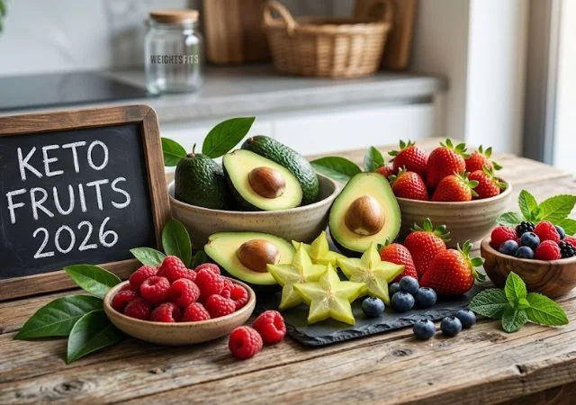 A vibrant assortment of the best low sugar fruits for keto diet including avocados, raspberries, strawberries, blueberries, and starfruit with a 'Keto Fruits 2026' chalk sign.