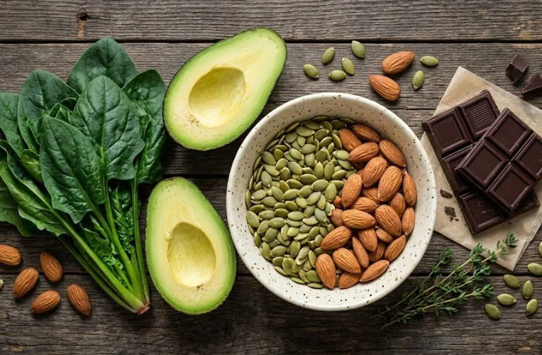 A top-down view of various magnesium-rich foods including spinach, avocado, almonds, pumpkin seeds, and dark chocolate on a wooden table.