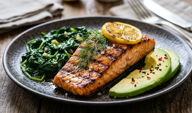 A keto-friendly meal of grilled salmon, sautéed spinach, and sliced avocado, highlighting magnesium-rich foods for the keto diet.