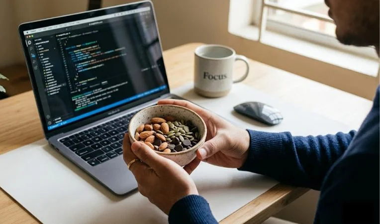 A close-up of a healthy snack bowl with almonds and pumpkin seeds, showing how to incorporate magnesium-rich foods into a busy workday for weight loss.