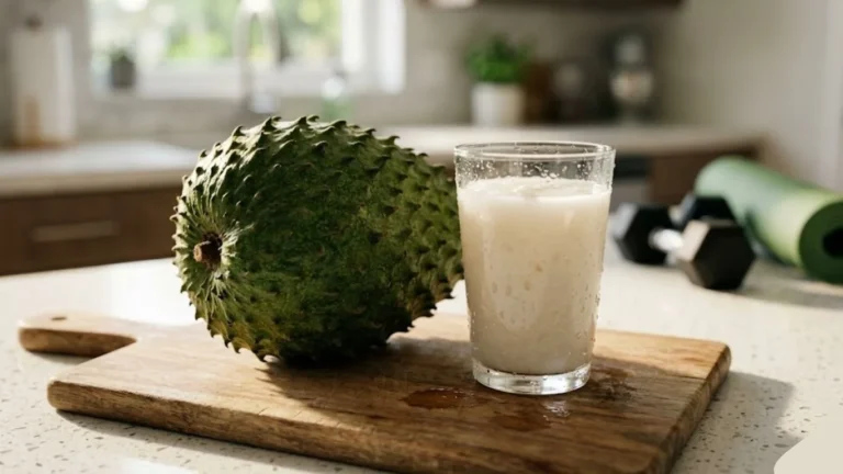 A fresh Soursop fruit and juice highlighting the Corossol benefits and side effects for a healthy lifestyle.