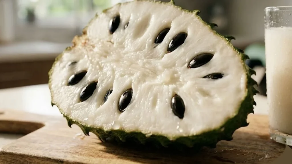 Close-up of sliced Soursop showing the pulp and seeds related to Corossol benefits and side effects.