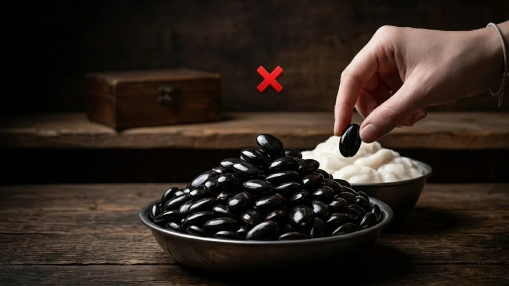 Warning image of toxic seeds to explain the potential Corossol benefits and side effects when eaten incorrectly.