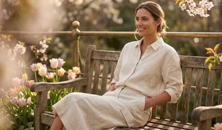 A woman smiling in a relaxed-fit sustainable linen shirt and utility skirt with pockets, sitting in a spring garden, highlighting the Quiet Joy aesthetic.