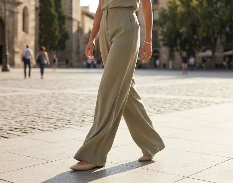 Close-up of a woman walking in high-waisted wide-leg Tencel trousers in an earth tone, showcasing comfort and fluid movement in a sunlit city square.