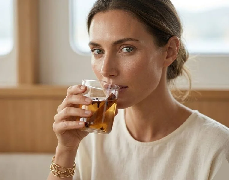 Close-up of a woman with radiant skin taking a sip of clove and cinnamon water, connecting natural wellness with spring fashion and inner health.