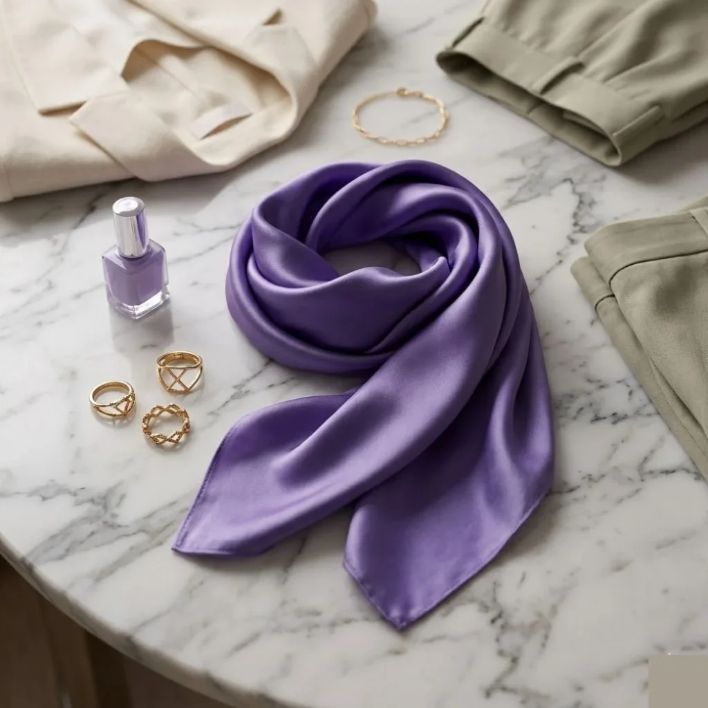 Minimalist flat-lay of Spring 2026 accessories featuring a Digital Lavender silk scarf, geometric gold rings, and lavender nail polish on a marble surface.