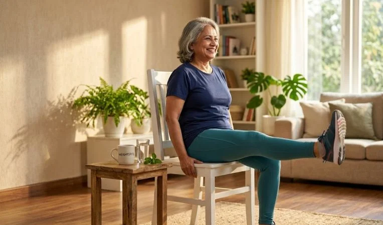A fit senior woman sitting on a white chair while performing knee strengthening exercises for seniors at home to improve joint mobility.