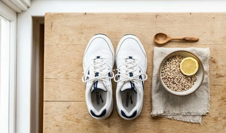 Flat lay of supportive athletic sneakers and a bowl of whole grains, showcasing essential gear for a senior fitness routine.