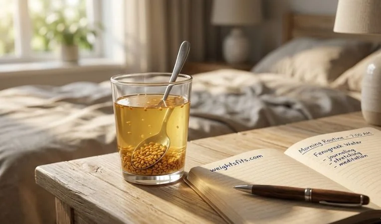 A clear glass of soaked fenugreek water and a wellness journal on a wooden nightstand, highlighting natural remedies for joint health.