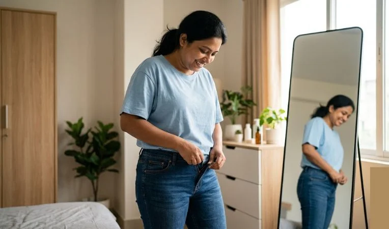 Woman smiling, zipping up fitting jeans, happy with her journey and foods to lose belly fat.