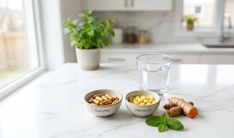 Close-up of turmeric capsules and Vitamin D3 tablets on a marble countertop, focusing on nutritional support for aging joints.