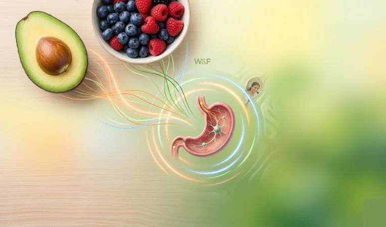 Conceptual energy flow from avocado to a miniature stomach, symbolizing metabolism boosting foods.