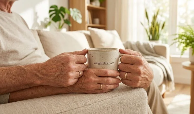 Two seniors holding a warm ceramic mug together, symbolizing the emotional support and community found in a healthy lifestyle journey.