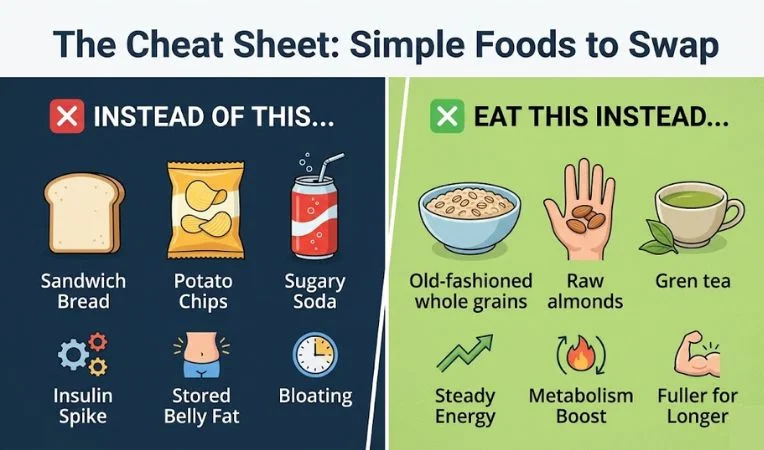 Infographic split vertically, directly comparing unhealthy choices to healthy weight loss food swaps.