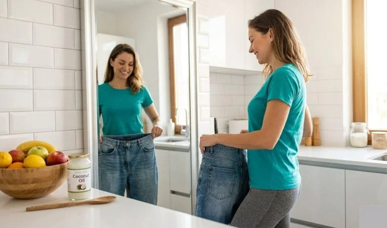 A successful transformation story of a woman showing how to lose belly fat before summer vacation using natural remedies and coconut oil.
