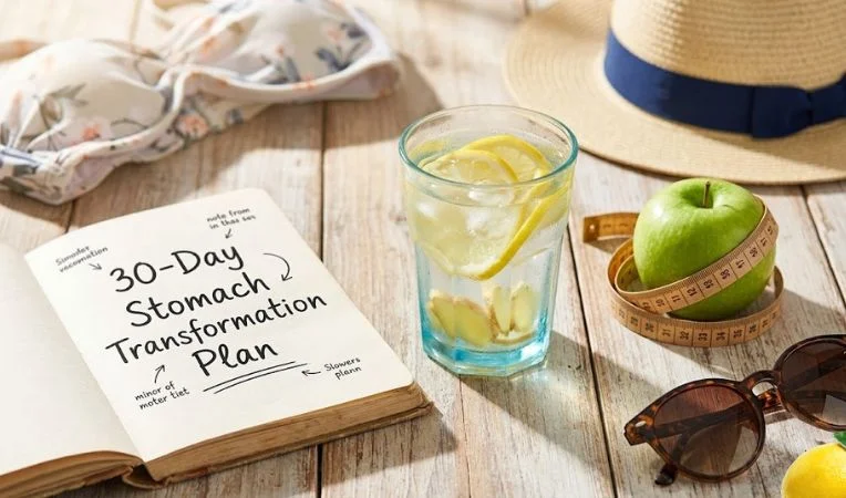 A professional flat lay showing a detox drink and a 30-day plan on how to lose belly fat before summer vacation.