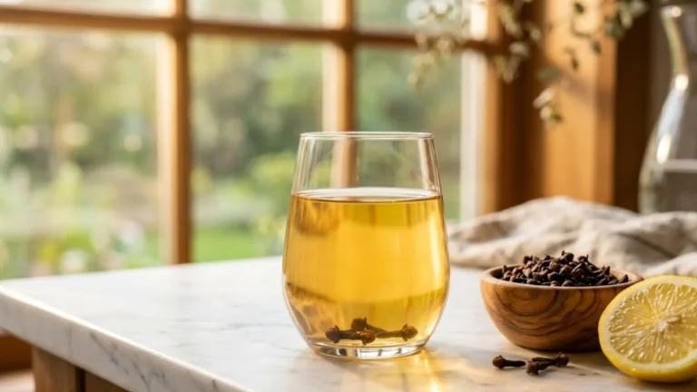 A transparent glass of warm clove water on a rustic wooden tray with fresh mint leaves and cinnamon sticks, illustrating the health benefits of drinking clove water twice a day for weightsfits.com.