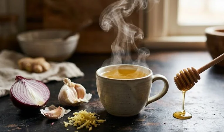 A cozy close-up of hands holding a warm mug of cold and flu tea with visible steam, featuring ginger and honey as a soothing home remedy for congestion.
