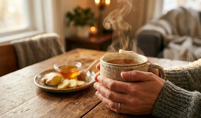 A steaming mug of homemade cold and flu tea on a kitchen counter, surrounded by fresh ginger, garlic cloves, red onion, and raw honey for natural immune support.