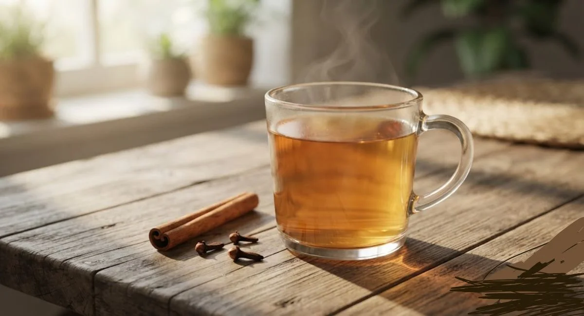 A clear glass mug of cinnamon and clove water on a wooden table, representing the health benefits of cinnamon and clove water for women.