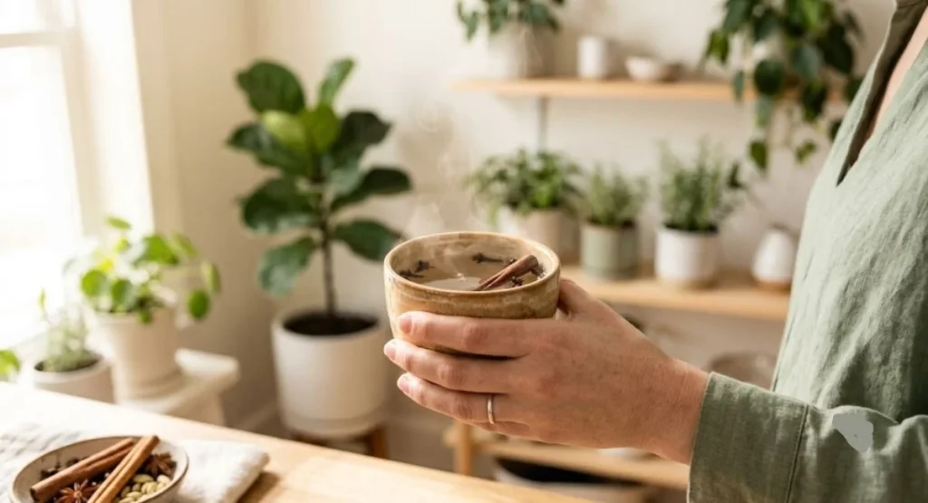 A woman holding a warm cup of herbal tea, illustrating the soothing wellness benefits of cinnamon and clove water for women.