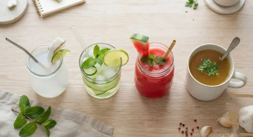 Electrolyte-rich foods including bananas, avocado, and spinach